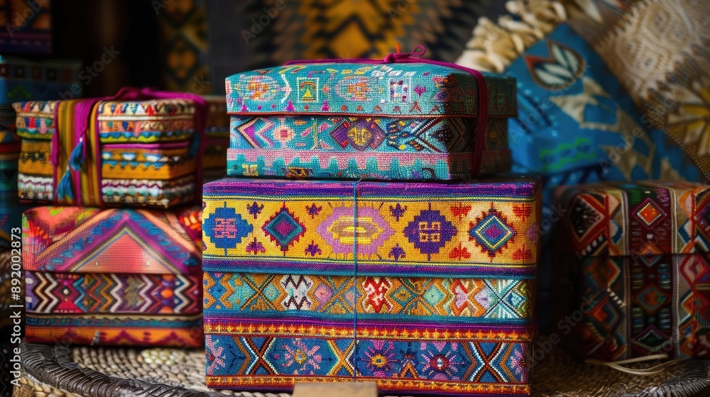 Vibrant gift boxes with ethnic patterns in a traditional setting, gift box, cultural festival Vibrant gift boxes with ethnic patterns in a traditional setting, gift box, cultural festival