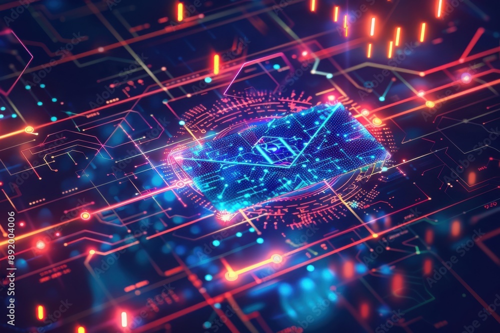 Fototapeta premium Neon Email Icon on Futuristic Circuit Board 