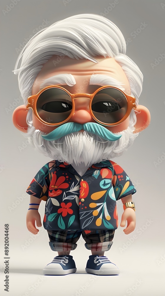 A stylish elder with white hair and a beard, sporting large sunglasses, a floral shirt, plaid pants, and sneakers. The elder has a blue mustache and is accessorized with a wristband and watch. A stylish elder with white hair and a beard, sporting large sunglasses, a floral shirt, plaid pants, and sneakers. The elder has a blue mustache and is accessorized with a wristband and watch.