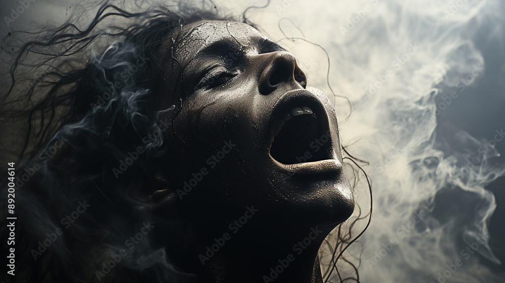 Fototapeta premium The Black And White Poster Of A Shouted Women Mouth Close Up On Smoky Blurry Background