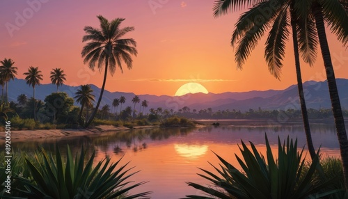 Tropical Sunset with Palm Trees and Mountains.