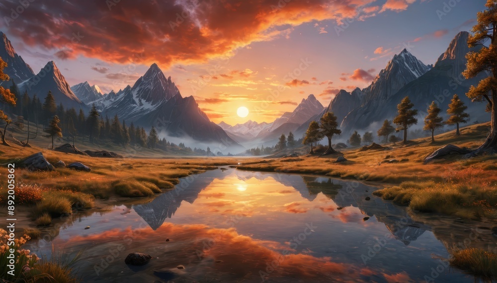 Fototapeta premium Mountain Lake Reflection at Sunset.