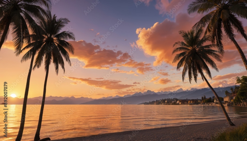 Palm Trees Silhouette on a Beach at Sunset. Palm Trees Silhouette on a Beach at Sunset.