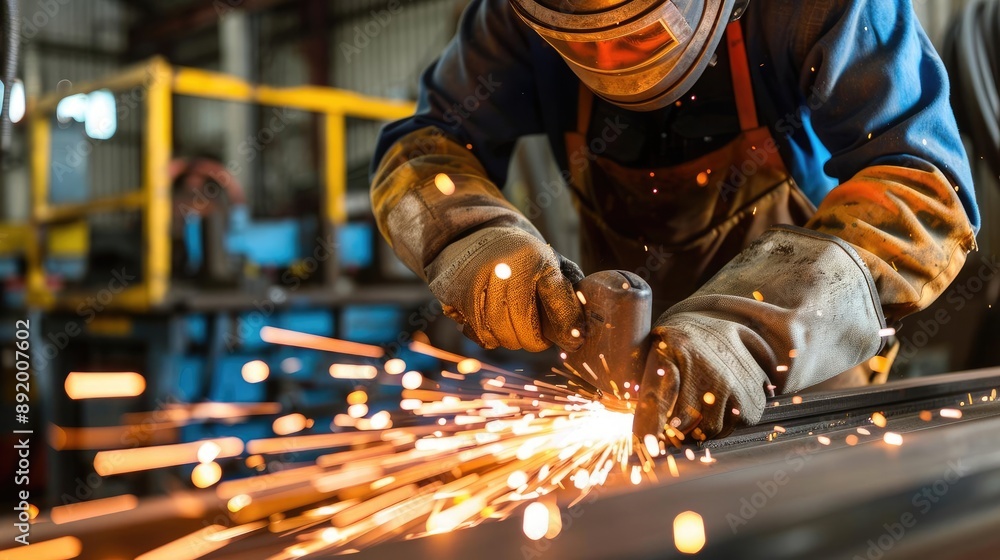 Worker with protective gear grinding steel, close-up, safety in metalworking Worker with protective gear grinding steel, close-up, safety in metalworking