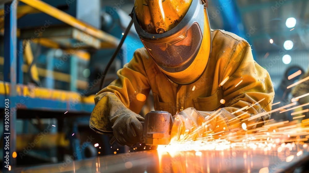 Worker with protective gear grinding steel, close-up, safety in metalworking Worker with protective gear grinding steel, close-up, safety in metalworking