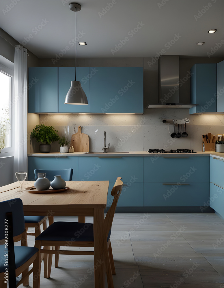 Modern kitchen with blue cabinets and white table that is elegant and minimalist. This kitchen has good lighting and plenty of work space. Spacious kitchen island with comfortable seating. Modern kitchen with blue cabinets and white table that is elegant and minimalist. This kitchen has good lighting and plenty of work space. Spacious kitchen island with comfortable seating.