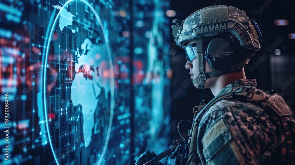 Side profile of an army soldier utilizing AI technology for weaponry and analyzing cyber security threats in warfare Side profile of an army soldier utilizing AI technology for weaponry and analyzing cyber security threats in warfare