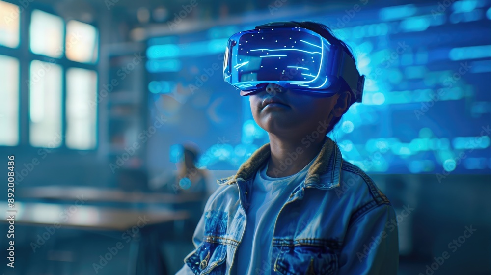 Student in classroom with VR headset, exploring AI technology and machine learning, blue holograms in the background Student in classroom with VR headset, exploring AI technology and machine learning, blue holograms in the background