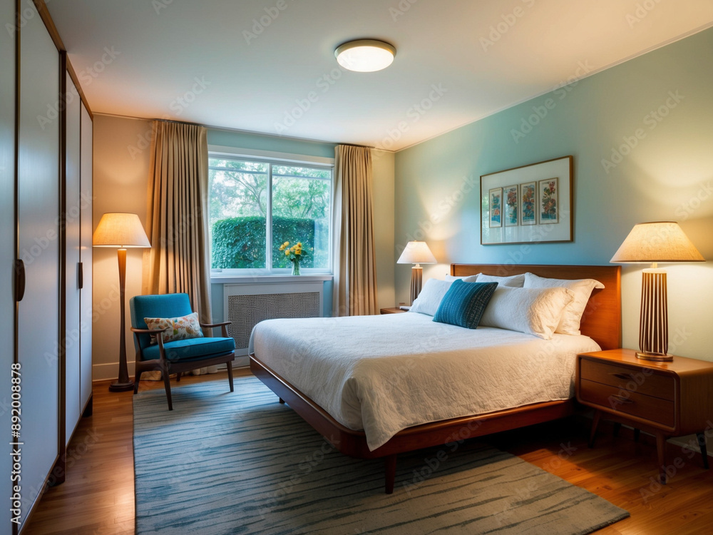 A mid-century bedroom highlighted by cool light, The room is decorated with modern lamps and sleek curtains, combining vintage charm with contemporary style. A mid-century bedroom highlighted by cool light, The room is decorated with modern lamps and sleek curtains, combining vintage charm with contemporary style.