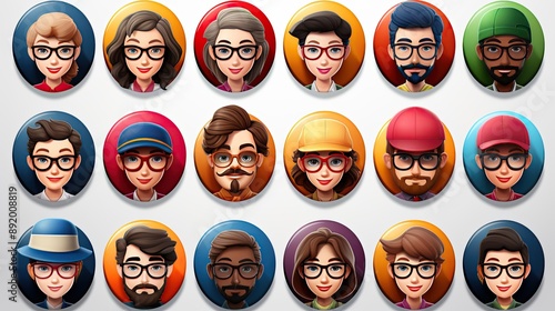 3d render, people avatar collection. Set of round stickers with cartoon character faces 