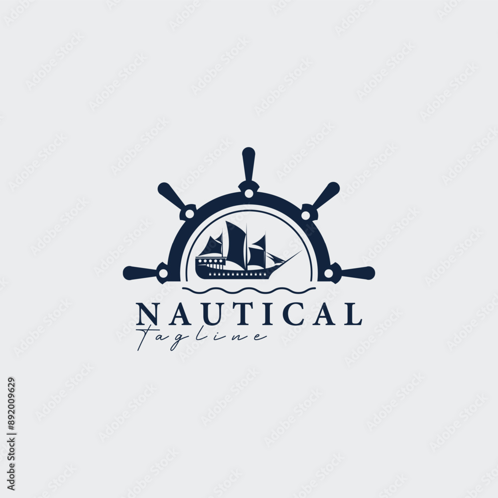 Fototapeta premium steering wheel ship wave logo vector illustration design