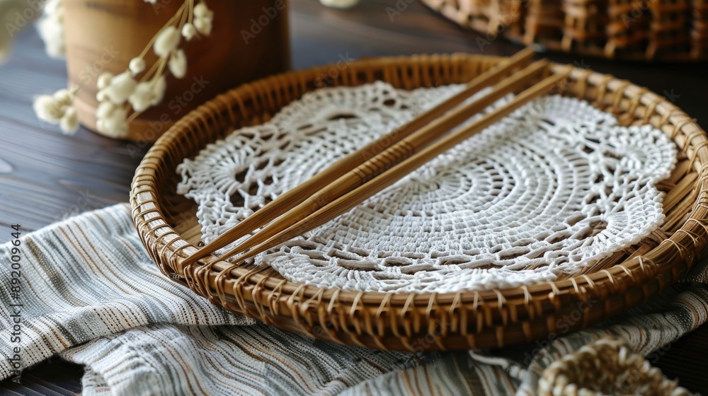 Crafting with bamboo crochet and knitting needles for making handmade napkins and doilies Crafting with bamboo crochet and knitting needles for making handmade napkins and doilies