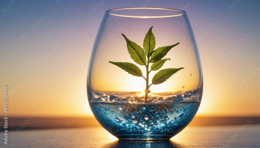Plant growing in a glass of water against a sunset. Plant growing in a glass of water against a sunset.