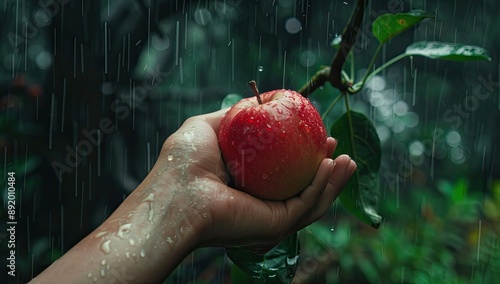 Close-up of the hand holding the forbidden fruit. Bible. Biblical theme. Old Testament. Creation. Genesis. Eve holding the apple. 