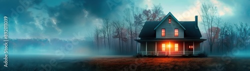 Eerie house with warm lights in misty forest, creating spooky atmosphere, perfect for Halloween and horror-themed projects. © HDP-STUDIO