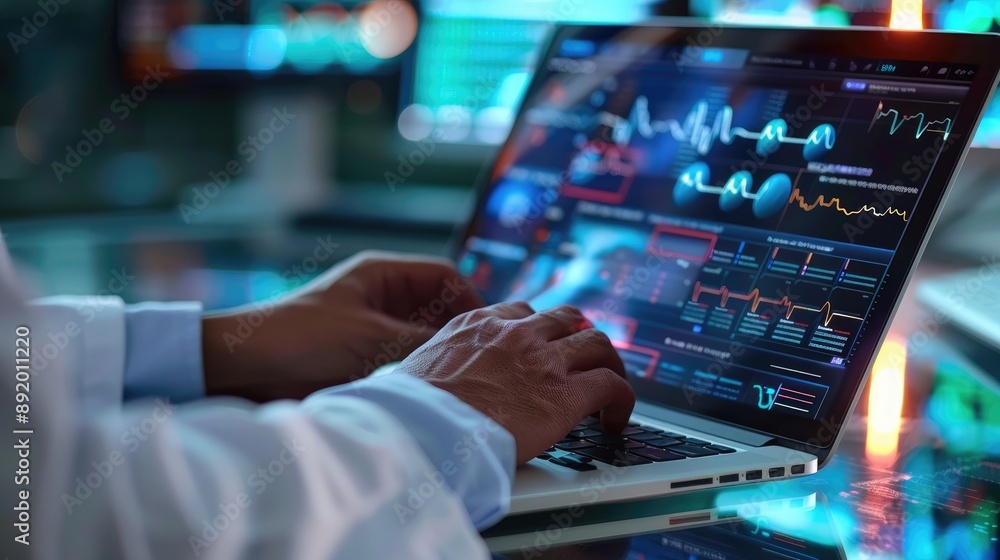 physicianr using laptop, medical science, medical technology (close up, focus on, copy space) vibrant screen and interface physicianr using laptop, medical science, medical technology (close up, focus on, copy space) vibrant screen and interface