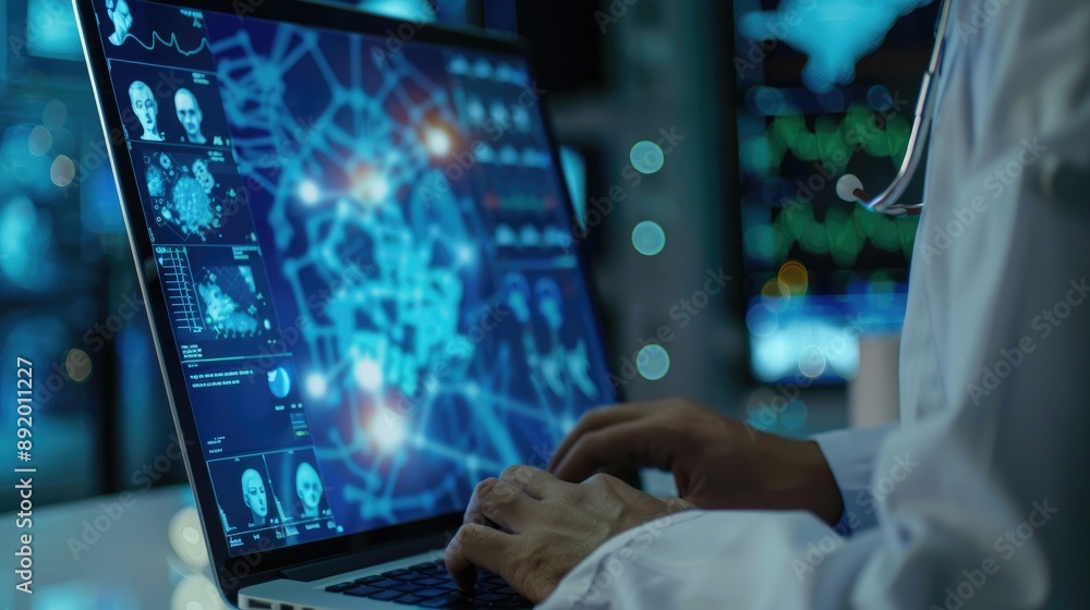 physicianr using laptop, medical science, medical technology (close up, focus on, copy space) vibrant screen and interface physicianr using laptop, medical science, medical technology (close up, focus on, copy space) vibrant screen and interface