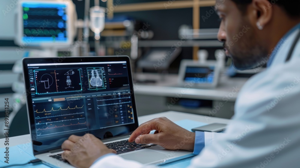 physicianr using laptop, medical science, medical technology (close up, focus on, copy space) vibrant screen and interface physicianr using laptop, medical science, medical technology (close up, focus on, copy space) vibrant screen and interface