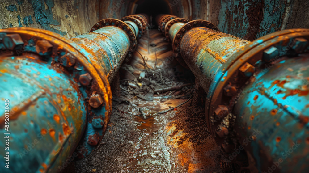 custom made wallpaper toronto digitalClose up of rusty water pipes, dirty blue and orange, wide angle shot of an underground tunnel with a dirt floor