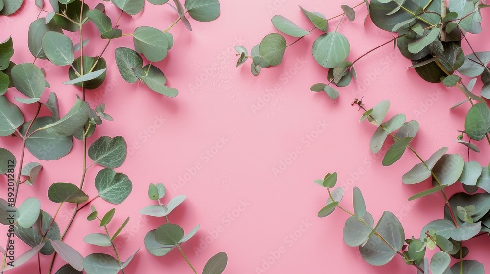 Pink background with eucalyptus leaves and branch frame Top view with space for text Pink background with eucalyptus leaves and branch frame Top view with space for text