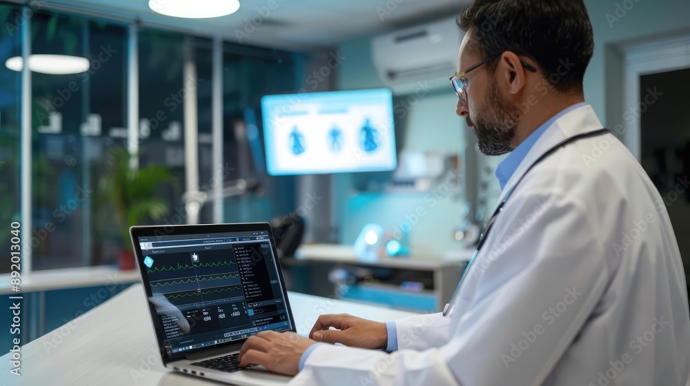 Back view of doctor using laptop in modern medical office, healthcare technology, digital health, medical science Back view of doctor using laptop in modern medical office, healthcare technology, digital health, medical science