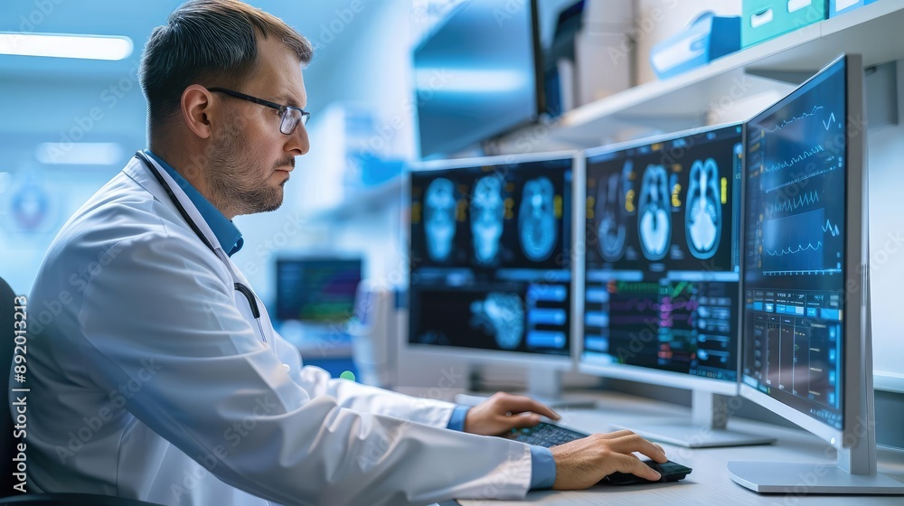 Healthcare worker using computer, modern medical technology, digital health solutions, rear angle Healthcare worker using computer, modern medical technology, digital health solutions, rear angle
