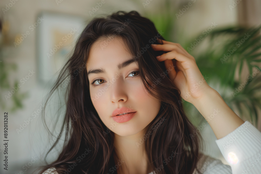 Natural Beauty Portrait of Young Woman with Long Hair in Cozy Home Setting Natural Beauty Portrait of Young Woman with Long Hair in Cozy Home Setting