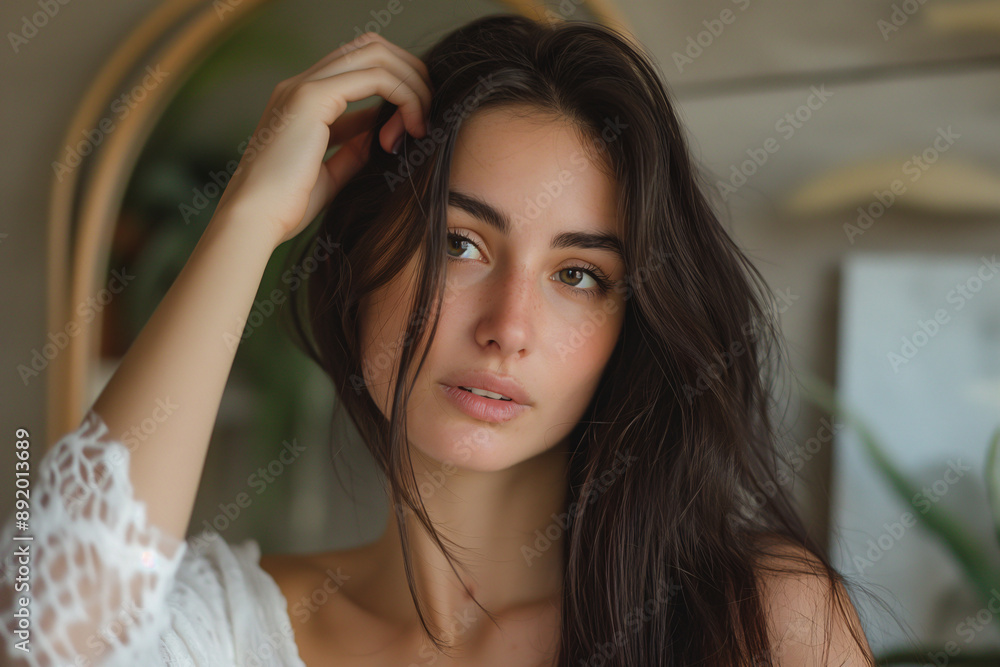 Fototapeta premium Natural Beauty Portrait of Young Woman with Long Hair in Cozy Home Setting