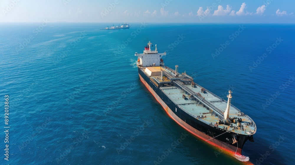 Fototapeta premium Oil tanker in deep blue ocean, top view, expansive sea, clear weather, minimalistic design, shipping port in the distance