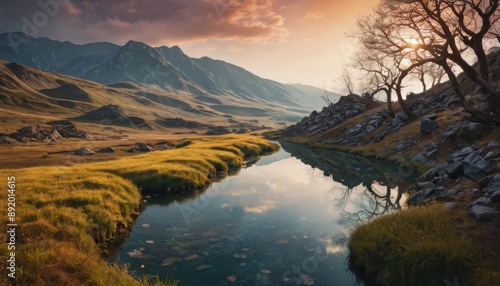 Mountain River at Sunset.