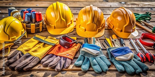 Construction tools and equipment arranged neatly with helmets and gloves, highlighting the significance of safety measures and protective gear on the job site efficiently. photo