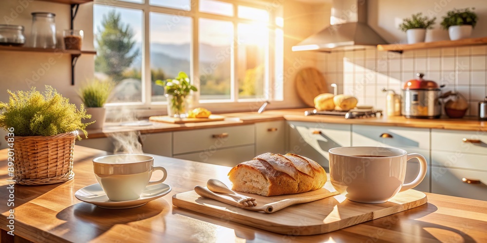 Warm morning sunlight illuminates a modern kitchen countertop featuring freshly baked bread, steaming cup of coffee, and soothing cup of tea, inviting a serene breakfast. Warm morning sunlight illuminates a modern kitchen countertop featuring freshly baked bread, steaming cup of coffee, and soothing cup of tea, inviting a serene breakfast.