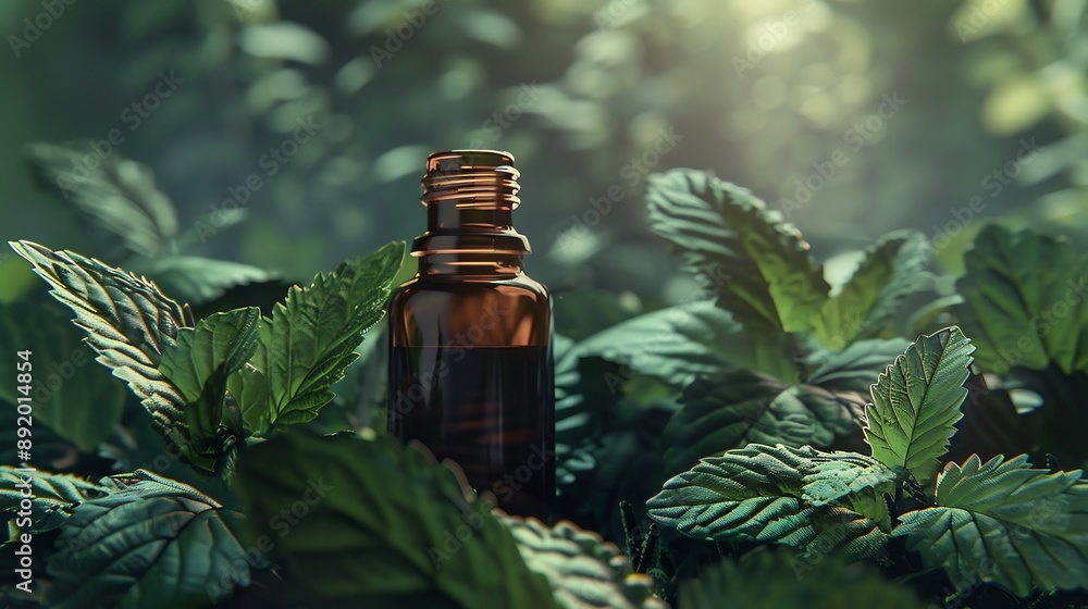 A bottle of essential herbal oil and leaves A bottle of essential herbal oil and leaves