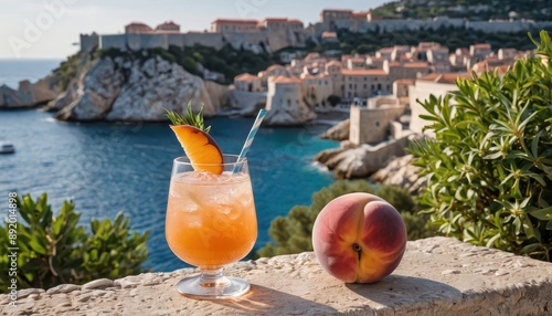 Fototapeta Naklejka Na Ścianę i Meble -  Peach Cocktail with a View of Dubrovnik