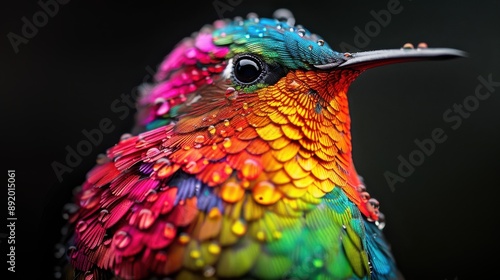 Hyper-realistic photograph of a hummingbird's feathers, iridescent colors and individual barbs visible, water droplets clinging to plumage, tack-sharp focus, high dynamic range photo