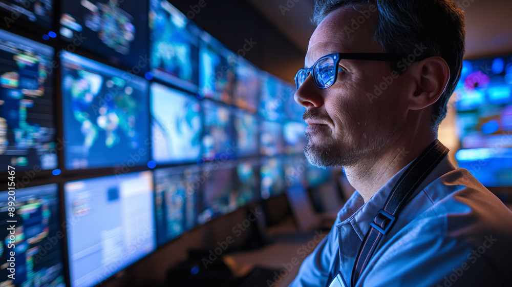 Focused Man Monitoring Multiple Screens in High-Tech Control Room Environment Focused Man Monitoring Multiple Screens in High-Tech Control Room Environment