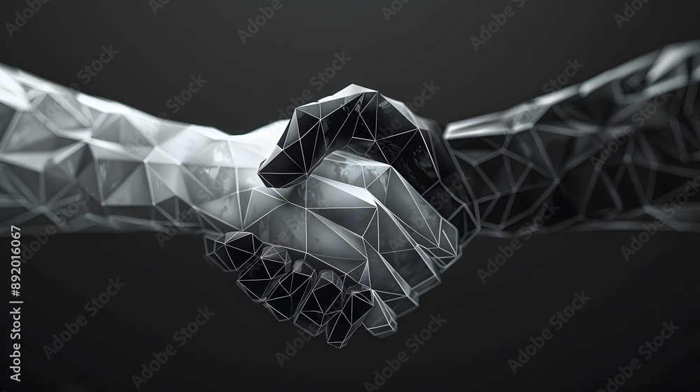 Vector isolated brotherly handshake. Low poly wireframe and points. Polygonal 3D white agreement concept on dark background. Business concept with geometry triangle. Abstract deal mash line origami. Vector isolated brotherly handshake. Low poly wireframe and points. Polygonal 3D white agreement concept on dark background. Business concept with geometry triangle. Abstract deal mash line origami.