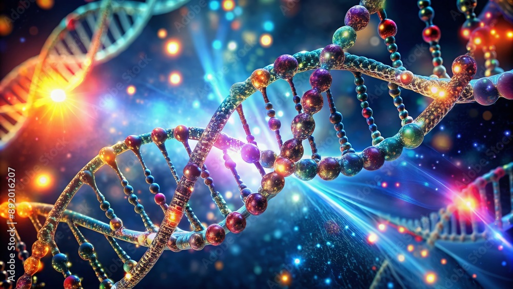 Colorful 3D illustration of a double helix DNA molecule structure with glowing cells and molecules, representing genetic research and biotechnology advancements. Colorful 3D illustration of a double helix DNA molecule structure with glowing cells and molecules, representing genetic research and biotechnology advancements.