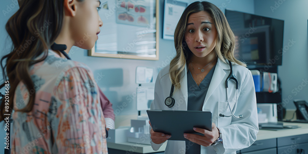 Obraz premium Female Doctor Consulting Patient with Digital Tablet, Medical Consultation with Technology Integration