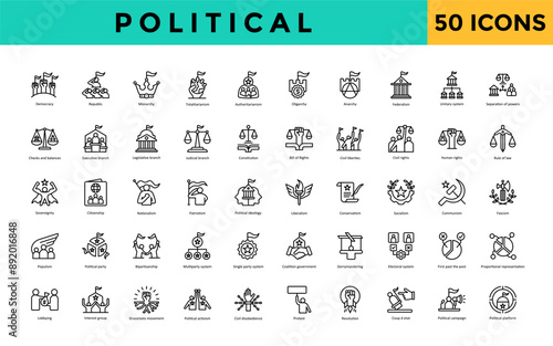 Political icon set with democracy, republic, monarchy, totalitarianism, authoritarianism, oligarchy, anarchy, federalism, unitary system, separation of powers icon. Simple line vector 
