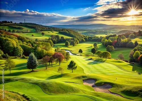 Lush green rolling hills and meticulously manicured fairways stretch towards the horizon at a prestigious golf course under a bright blue sunny sky. photo