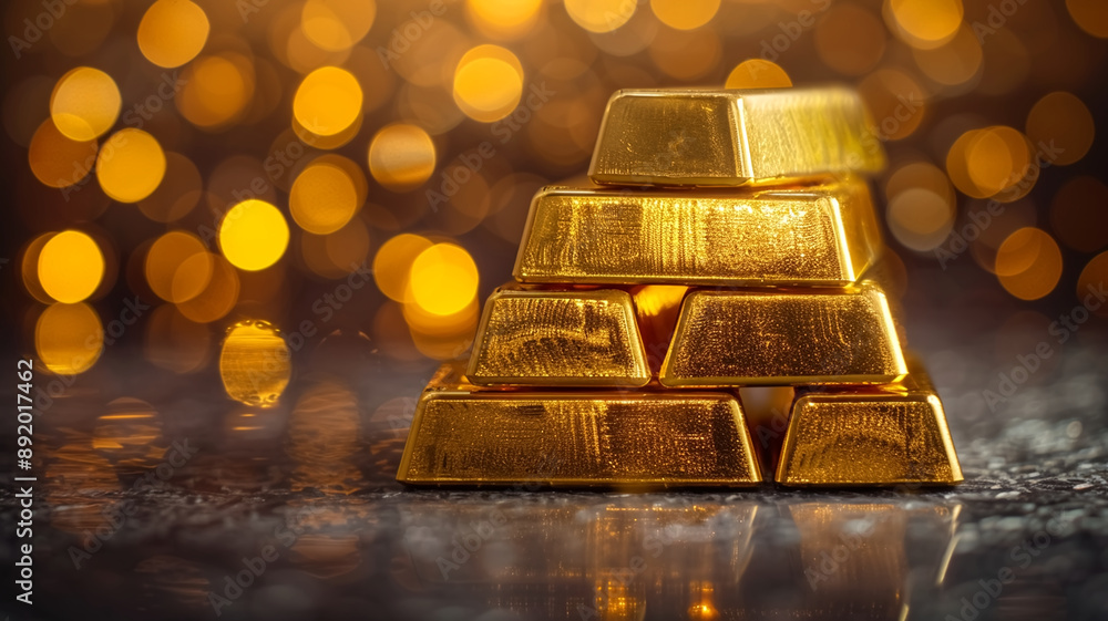A stack of gold bars is displayed against a blurred bokeh background. A stack of gold bars is displayed against a blurred bokeh background.