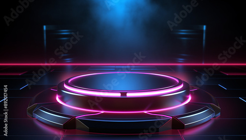 3d elegant podium with neon lights with dominant color black, studio with podium with neon lamou, podium with dark theme with neon lights, podium for promotions, dark podium, dark background 3d