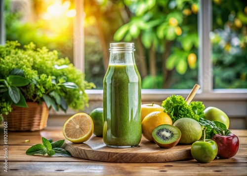 Freshly blended green smoothie in a glass bottle sits on a clean kitchen counter surrounded by lush greenery and a few sliced fresh fruits. photo