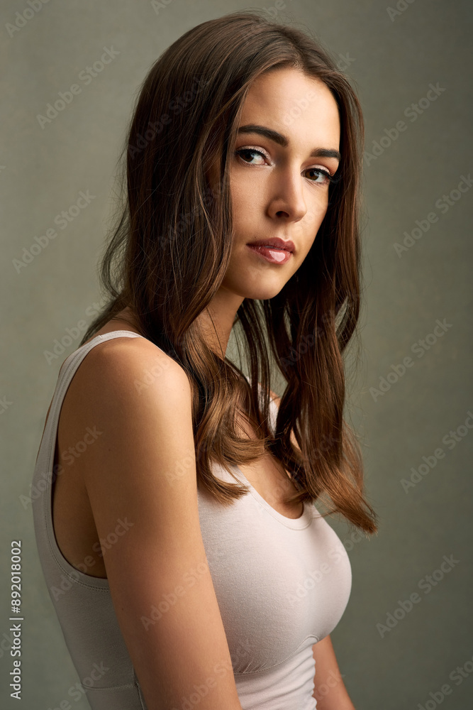 Studio, growth and woman in portrait for hair care, collagen and treatment with benefits for healthy texture. Girl, cosmetics and shine for shampoo with pride, beauty and natural by brown background Studio, growth and woman in portrait for hair care, collagen and treatment with benefits for healthy texture. Girl, cosmetics and shine for shampoo with pride, beauty and natural by brown background