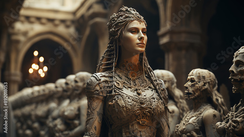 Gorgeous Princess Statue With Her Army In Royal Mansion On Bokeh Blur