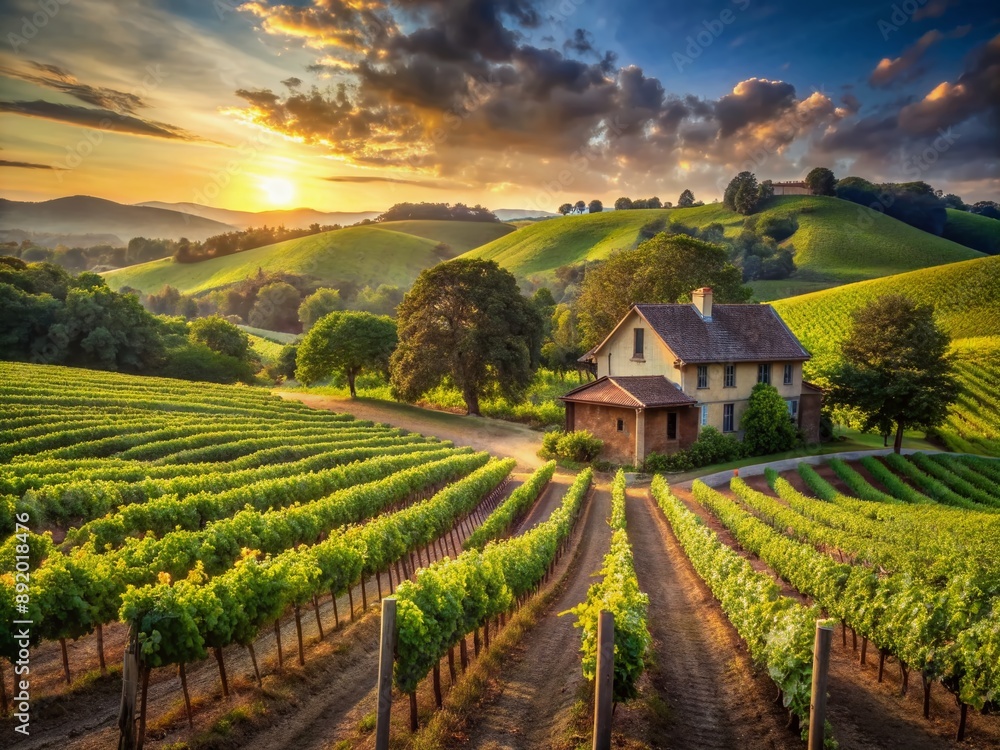 Serene countryside winery landscape with lush vineyards, rolling hills, and a charming cottage in the distance, surrounded by a warm sunny atmosphere. Serene countryside winery landscape with lush vineyards, rolling hills, and a charming cottage in the distance, surrounded by a warm sunny atmosphere.