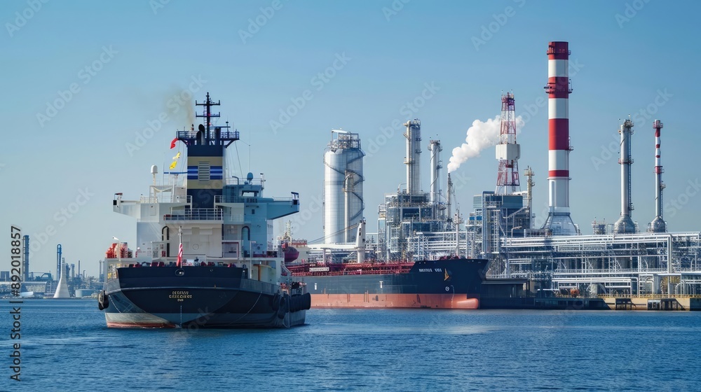 Oil ship and refinery under clear blue skies, symbolizing clean energy and industrial progress, oil ship, refinery Oil ship and refinery under clear blue skies, symbolizing clean energy and industrial progress, oil ship, refinery