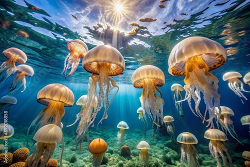 Mesmerizing Mediterranean scene featuring translucent barrel jellyfish swimming and dancing in harmony, their umbrella-like bells undulating gently in the serene blue sea background.