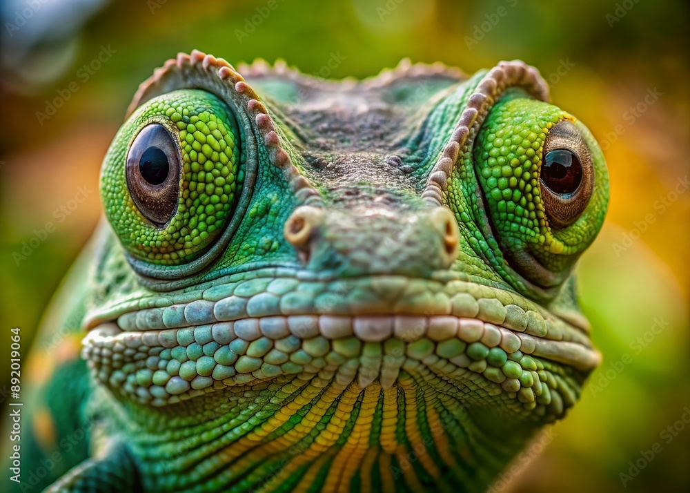 Fototapeta premium Whimsical monochromatic close-up of a chameleon's humorous face looking directly at the camera, showcasing its unique features in a natural environment setting.